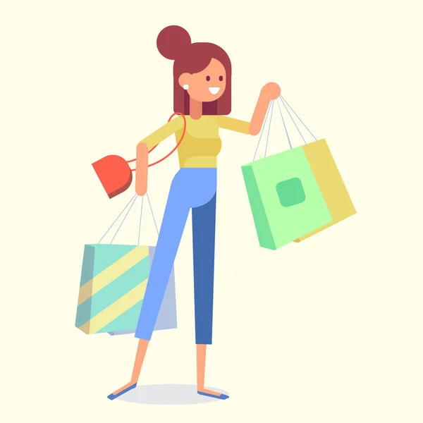 Ung Kvinna Håller Paket Lycklig Shopper Stor Försäljning Tecknad Stil — Stock vektor