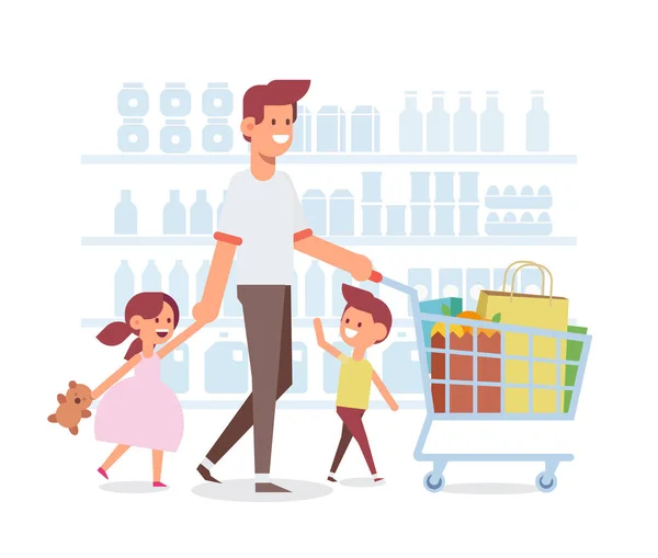 Glückliche Familieneinkäufe Papa Und Glückliche Kinder Supermarkt Flache Vektorillustration Cartoon — Stockvektor