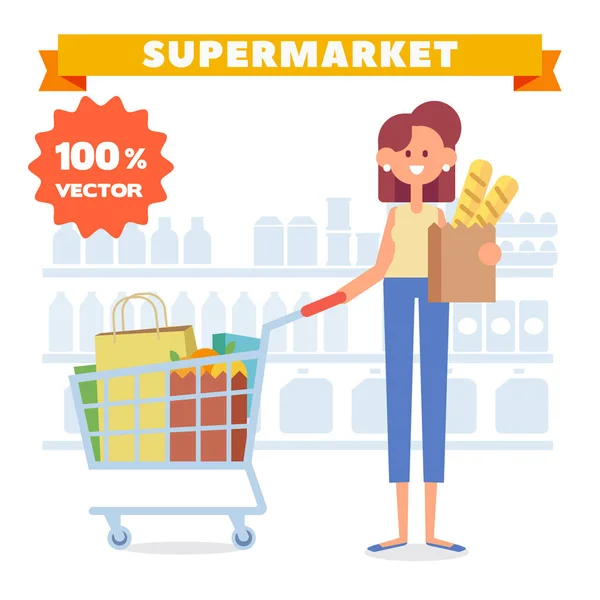 Gente Shopping Supermercato Stile Cartone Animato Illustrazione Vettoriale Piatta — Vettoriale Stock
