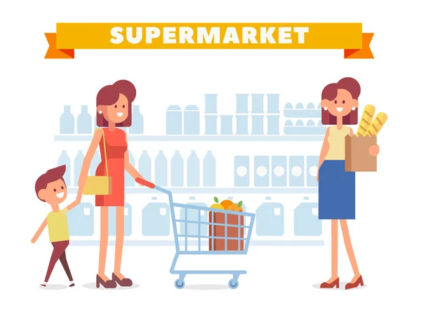 Menschen Die Supermarkt Einkaufen Cartoon Stil Flache Vektorillustration — Stockvektor