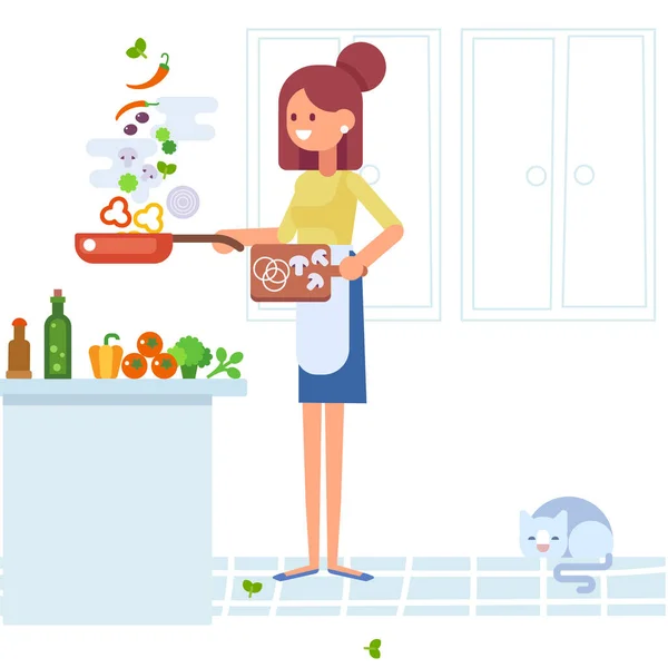 Junge Frau Beim Kochen Der Küche Essen Zubereiten Gesunde Ernährung — Stockvektor
