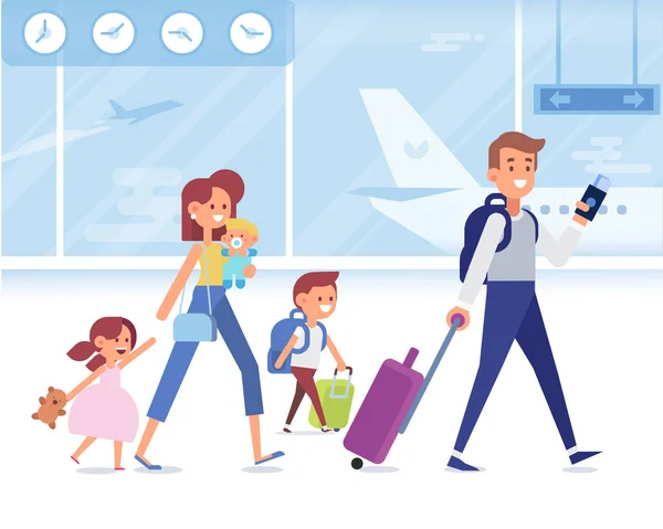 Happy Family Travel Together Parents Children Airport Flat Vector Illustration — Stock Vector