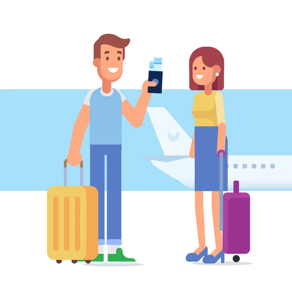 デザインを旅する人々 幸せなカップルは一緒に旅行します 男持株パスポートを空港での休暇旅行の準備ができての笑みを浮かべてください フラットのベクター イラストです キャラクター デザイン — ストックベクタ