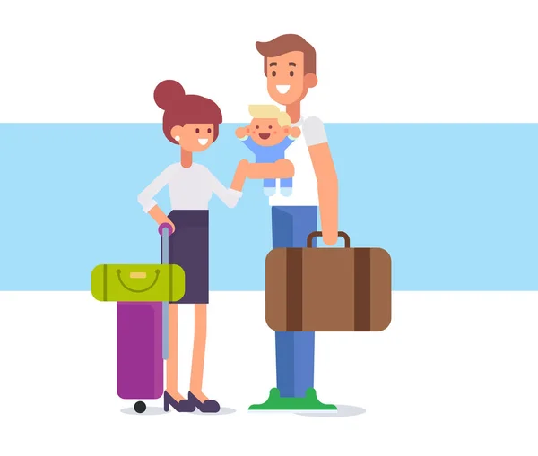 Familia Feliz Viaja Juntos Padres Con Hijos Aeropuerto Ilustración Vectorial — Vector de stock