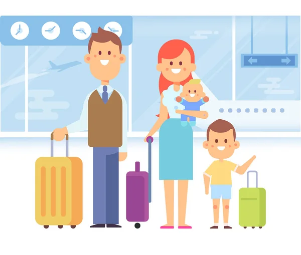 Happy Family Viajam Juntos Pais Com Filhos Aeroporto Ilustração Vetorial —  Vetores de Stock
