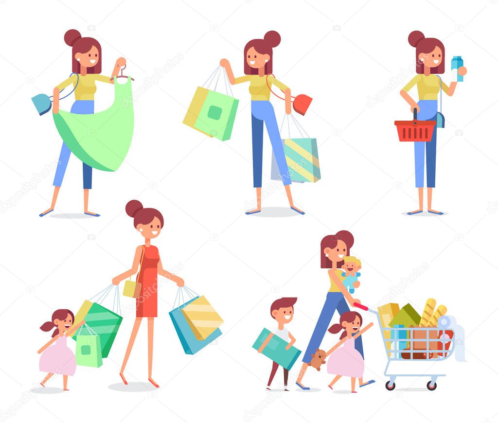 Happy family shopping - mother with happy kids. Big sale. Purchasing of goods and gifts. Flat Vector illustration, cartoon design.