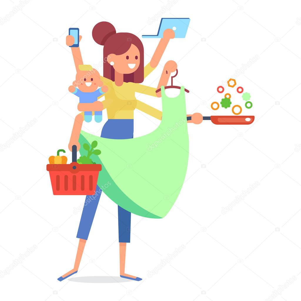 Multitasking woman. Business woman and housewife - mother with baby, working, cooking and make a shopping.  Vector flat cartoon illustration.