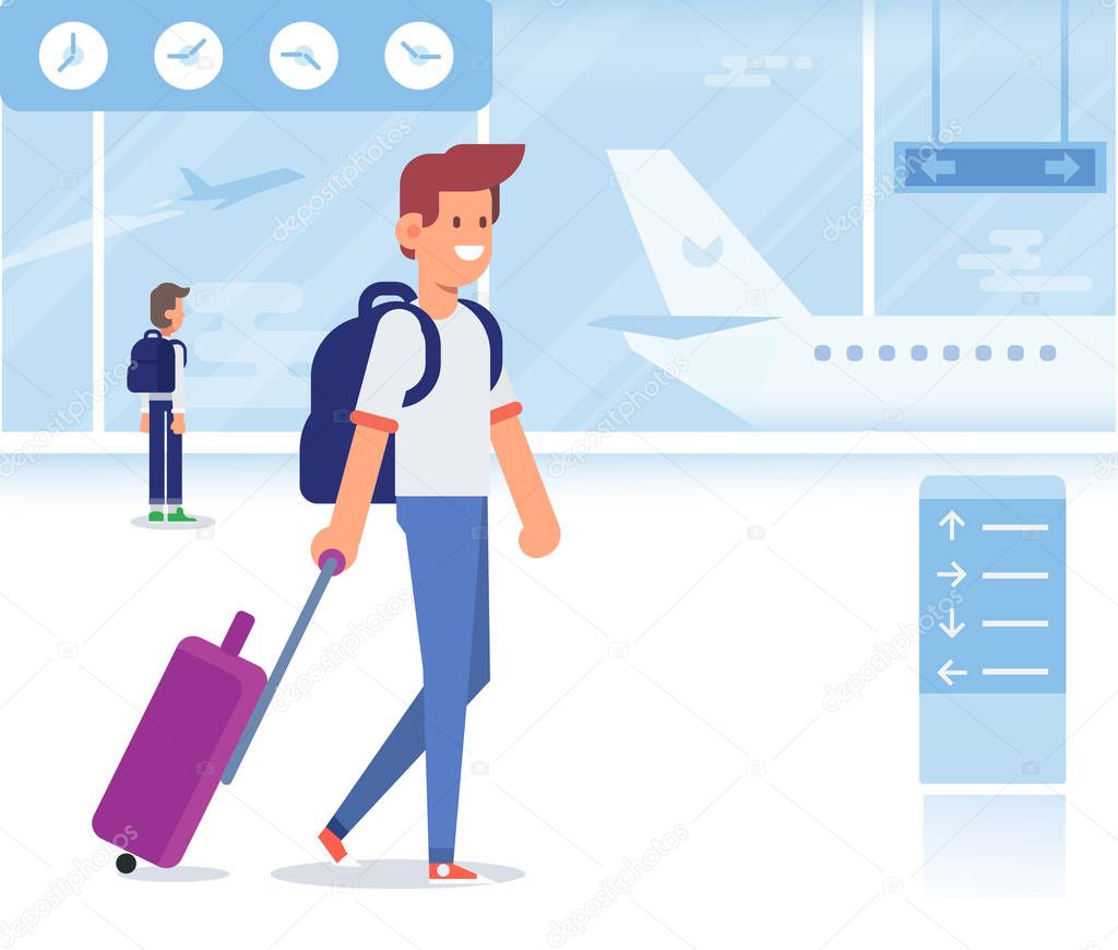 People traveling design. Smiling man ready for vacation travel at the airport. Flat Vector illustration. Character design.