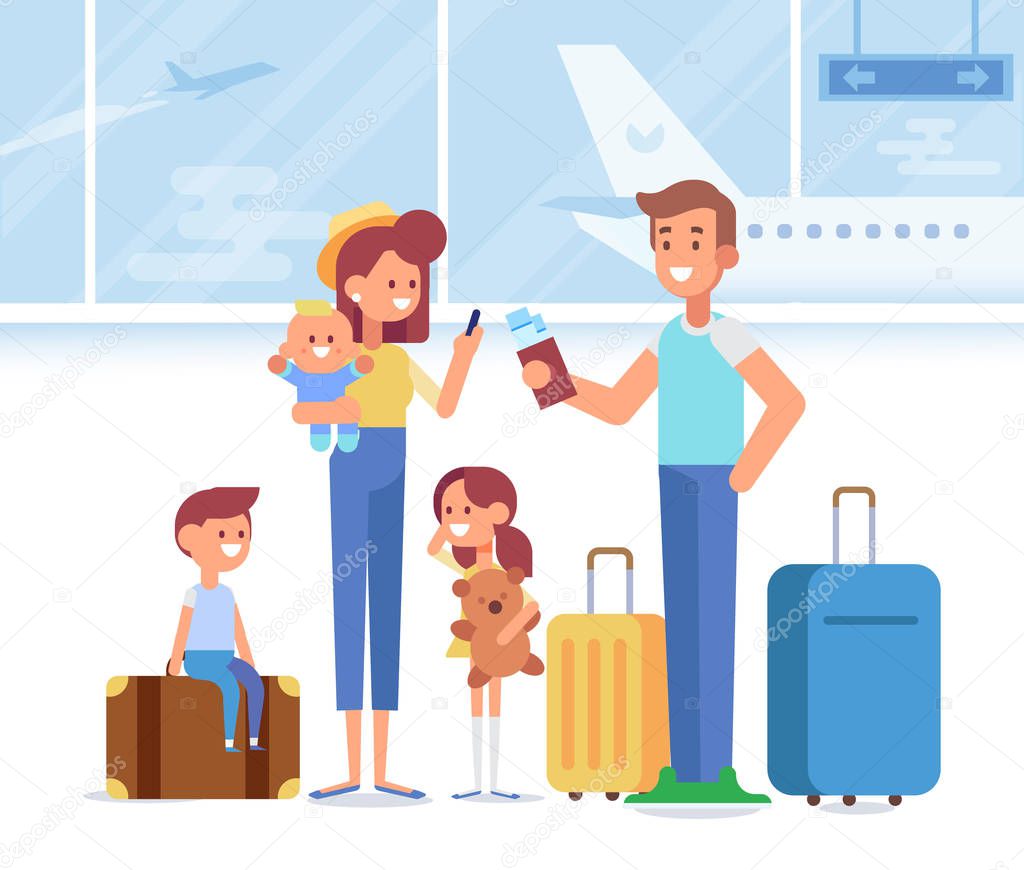 Happy Family travel together. Parents with children at the airport. Flat Vector illustration.  Character design.