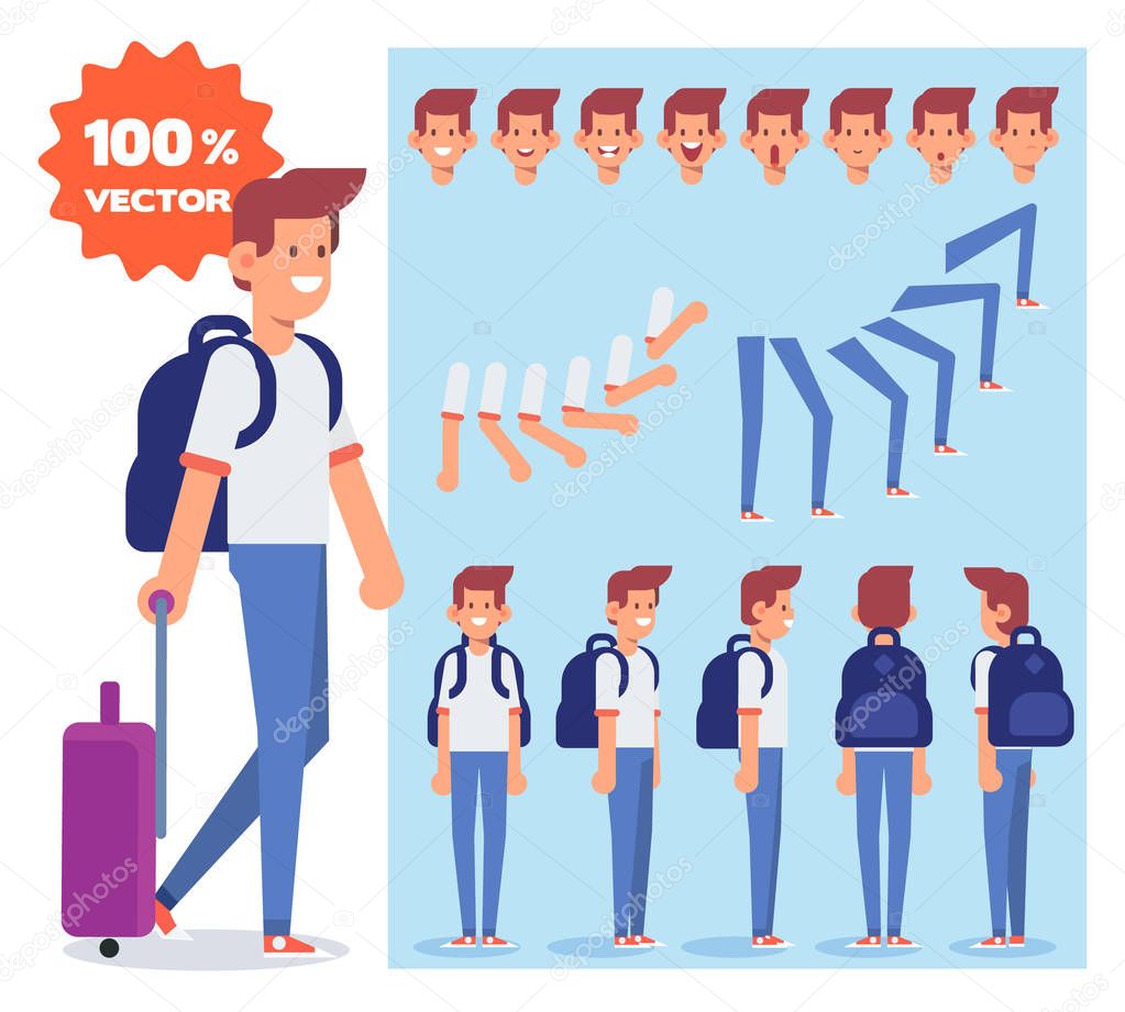 Front, side, back, 3/4 view animated character. Treveler man character with luggage. Constructor with various views, face emotions, poses. Cartoon style, flat vector illustration.