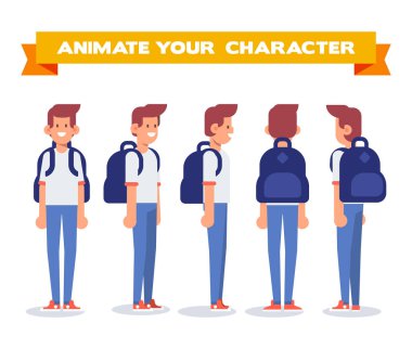 Öğrenci, sırt çantası ile genç adam. Ön, yan, arka, 3/4 görünüm karakter animasyon için. Vücudun farklı bölgelerinde. Karikatür tarzı, düz vektör çizim.