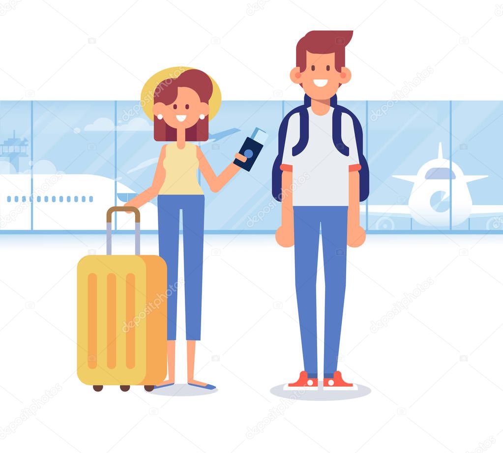 People traveling design. Happy couple travel together. Smiling man holding passport ready for vacation travel at the airport. Flat Vector illustration. Character design.