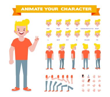 Sahneleriniz için Düz Vektör Adam karakteri. Çeşitli görüşleri, yüz duyguları, dudak senkronizasyonu ve pozları olan karakter oluşturma seti. Tasarım ve animasyon için gövde şablonu parçaları.