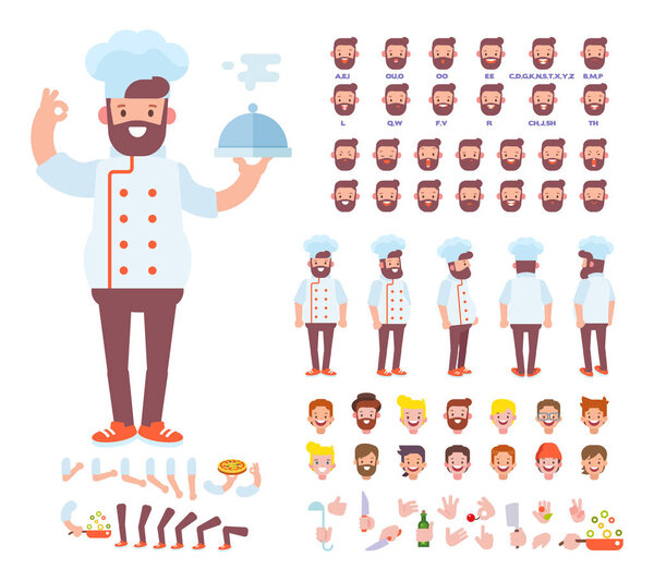 Спереди, сбоку, вид сзади анимированный персонаж. Набор персонажей шеф-повара с различными видами, прическами, эмоциями лица, позами и жестами. Карикатурный стиль, плоская векторная иллюстрация
.