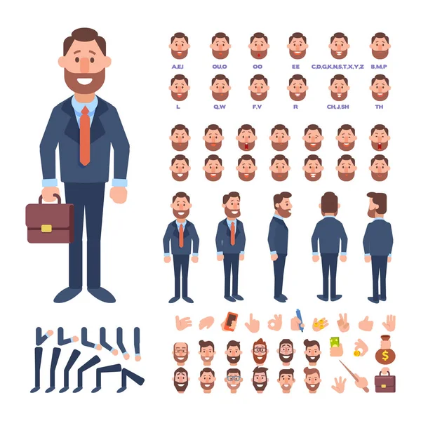 Front Side Back View Animated Character Business Man Character Creation — Stock Vector