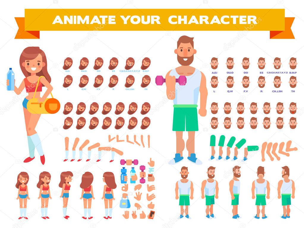 Front, side, back view animated characters. Man and female fitness couple creation set with various views, face emotions, poses and gestures. Cartoon style, flat vector illustration.