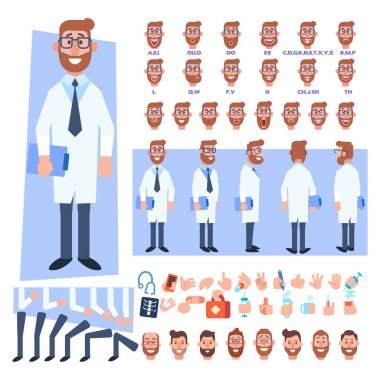 Vektör erkek doktor karakter, sahneleri için düz. Çeşitli görünümler, saç modelleri, yüz duygular, dudak senkronizasyon ve pozlar ile grubu karakter oluşturma. Tasarım çalışmaları ve animasyon için vücut şablon bölümleri.