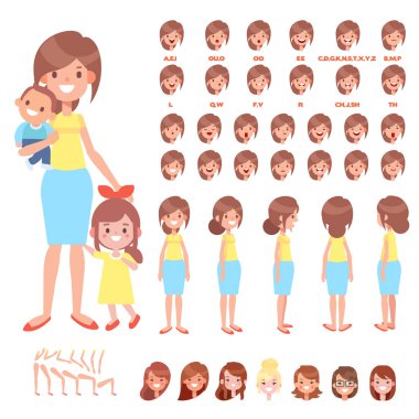 Ön, yan, arka profili animasyon karakter. Mutlu anne ile çeşitli görüş ve yüz duygular ile grubu çocuklar oluşturma. Karikatür tarzı, düz vektör çizim.