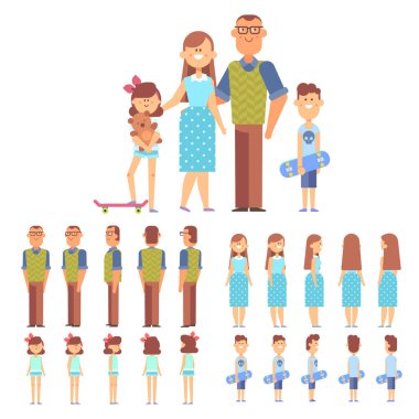 Vektör aile - baba, anne, oğlu ve kızı. Ön, yan, arka profili animasyon karakter. Karikatür tarzı, düz vektör çizim.