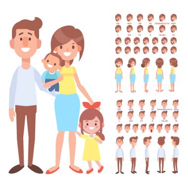 Ön, yan, arka profili animasyon karakter. Ebeveynler karakter yaratma çeşitli görüş ve yüz duygular ile ayarla. Karikatür tarzı, düz vektör çizim.