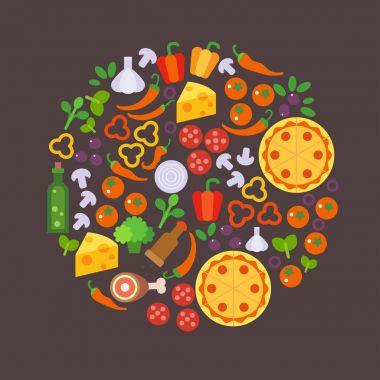 Yuvarlak tasarım öğesi ile pizza malzemeleri kutsal kişilerin resmi. Düz vektör illüstrasyon izole koyu arka plan üzerinde