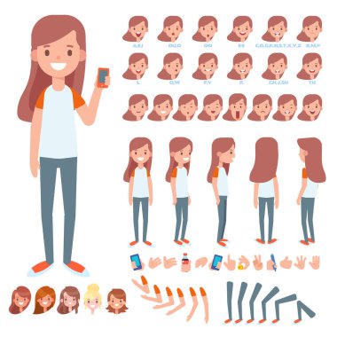 Flat Vector Girl character for your scenes. Character creation set with various views, hairstyles, face emotions, lip sync and poses. Parts of body template for design work and animation. clipart