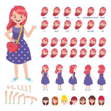 Flat Vector Hipster Girl character for your scenes. Character creation set with various views, hairstyles, face emotions, lip sync and poses. Parts of body template for design work and animation. clipart