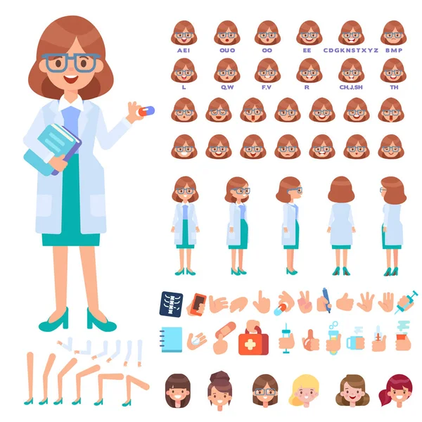 Frente Lado Vista Trasera Personaje Animado Mujer Médico Creación Personajes — Vector de stock