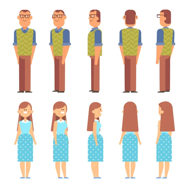 Vector Couple Animation Front Side Back View Man Female Characters — Stock Vector