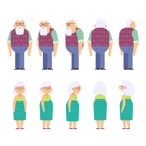 Nonno Vettore Nonna Animazione Fronte Lato Retrovisore Stile Cartone Animato — Vettoriale Stock