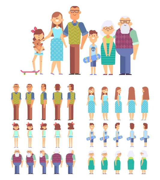 Vector Family Dad Mom Children Grandparents Front Side Back View — Stock Vector