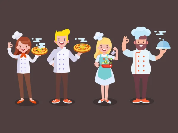 Erkek Dişi Pizza Chef Vektör Düz Vektör Karikatür Tarzı — Stok Vektör