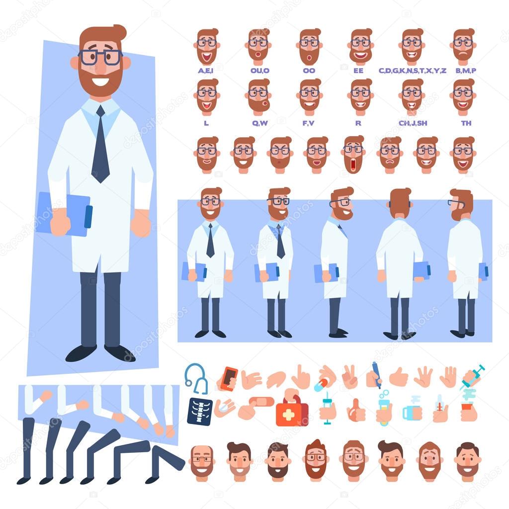 Flat Vector Male doctor character for your scenes. Character creation set with various views, hairstyles, face emotions, lip sync and poses. Parts of body template for design work and animation.