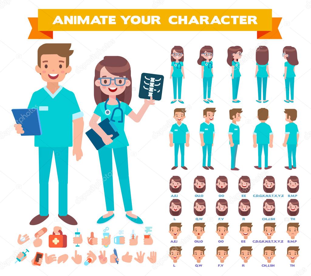 Front, side, back view animated characters. Male and Female doctors character creation set. Cartoon style, flat vector illustration.