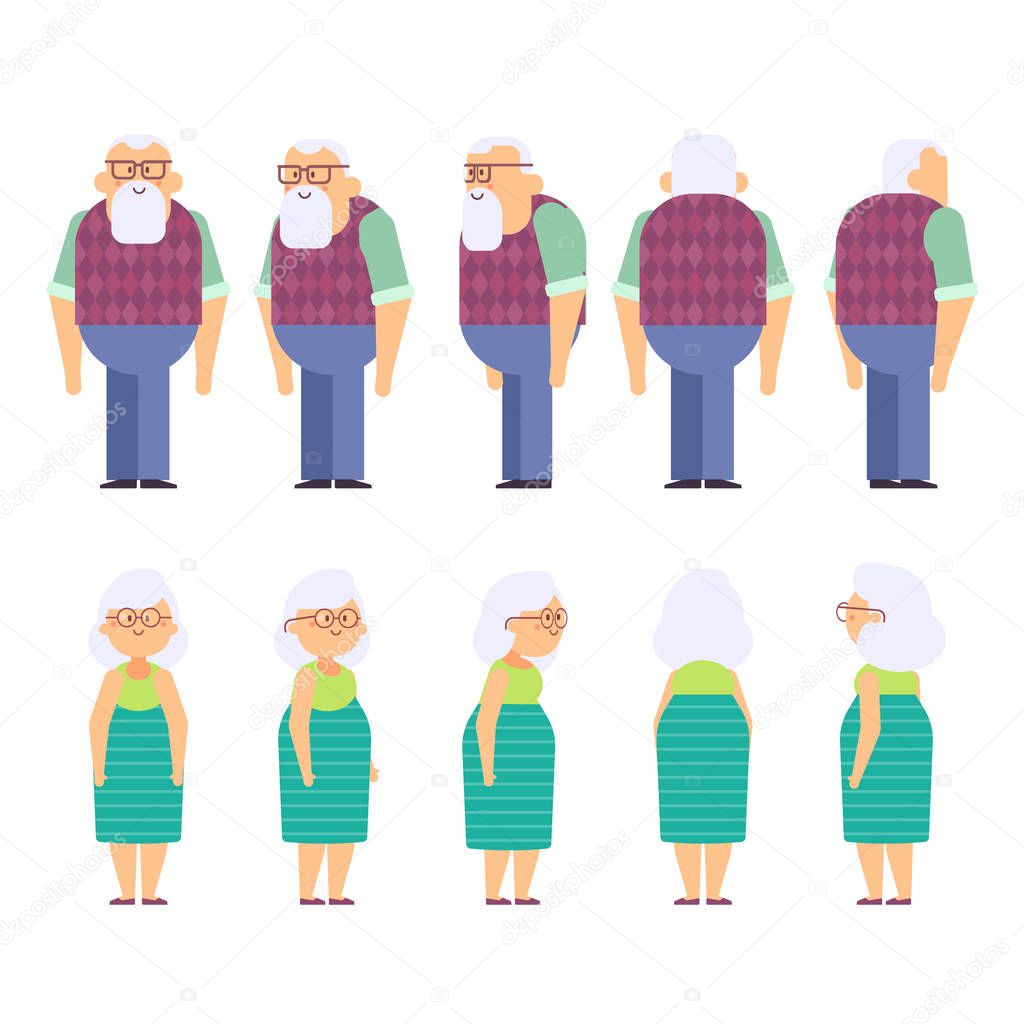 Vector grandfather and grandmother for animation. Front, side, back view character. Cartoon style, flat vector illustration isolated on white.