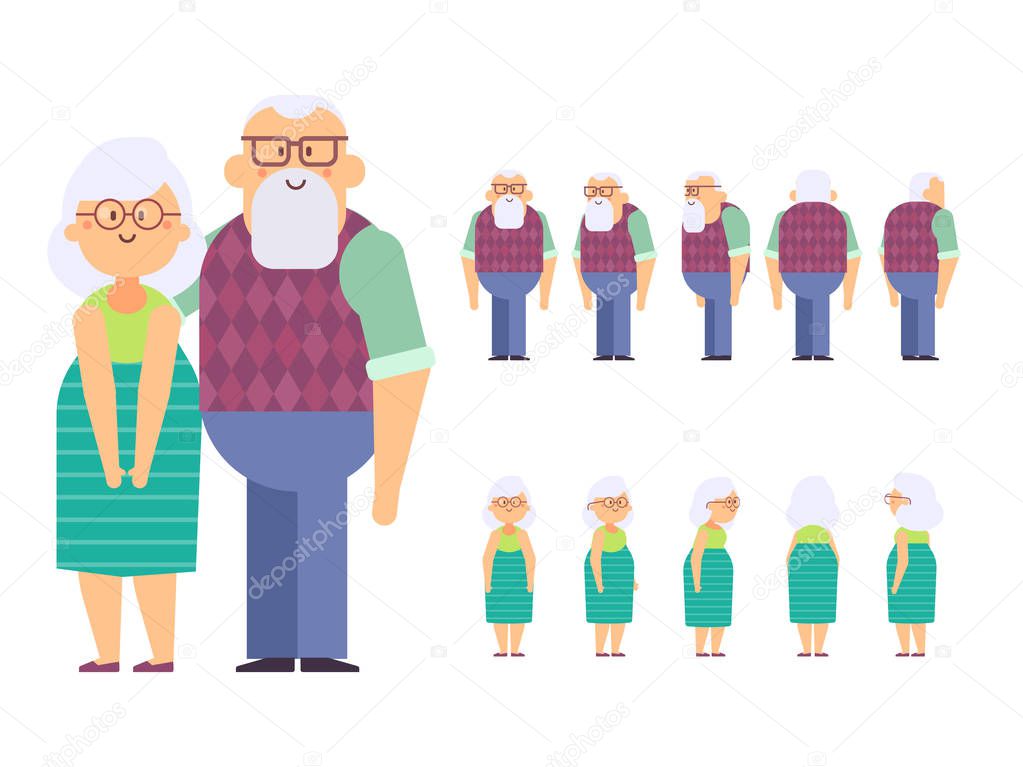 Vector grandfather and grandmother for animation. Front, side, back view character. Cartoon style, flat vector illustration isolated on white.