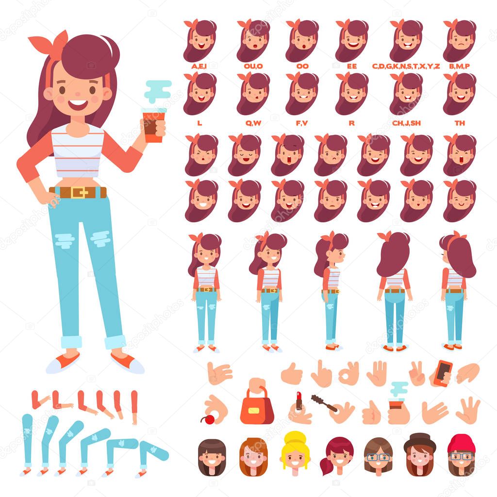 Flat Vector Girl character for your scenes. Character creation set with various views, hairstyles, face emotions, lip sync and poses. Parts of body template for design work and animation.