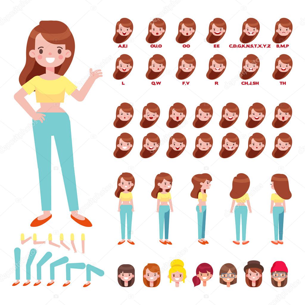 Flat Vector Girl character for your scenes. Character creation set with various views, hairstyles, face emotions, lip sync and poses. Parts of body template for design work and animation.