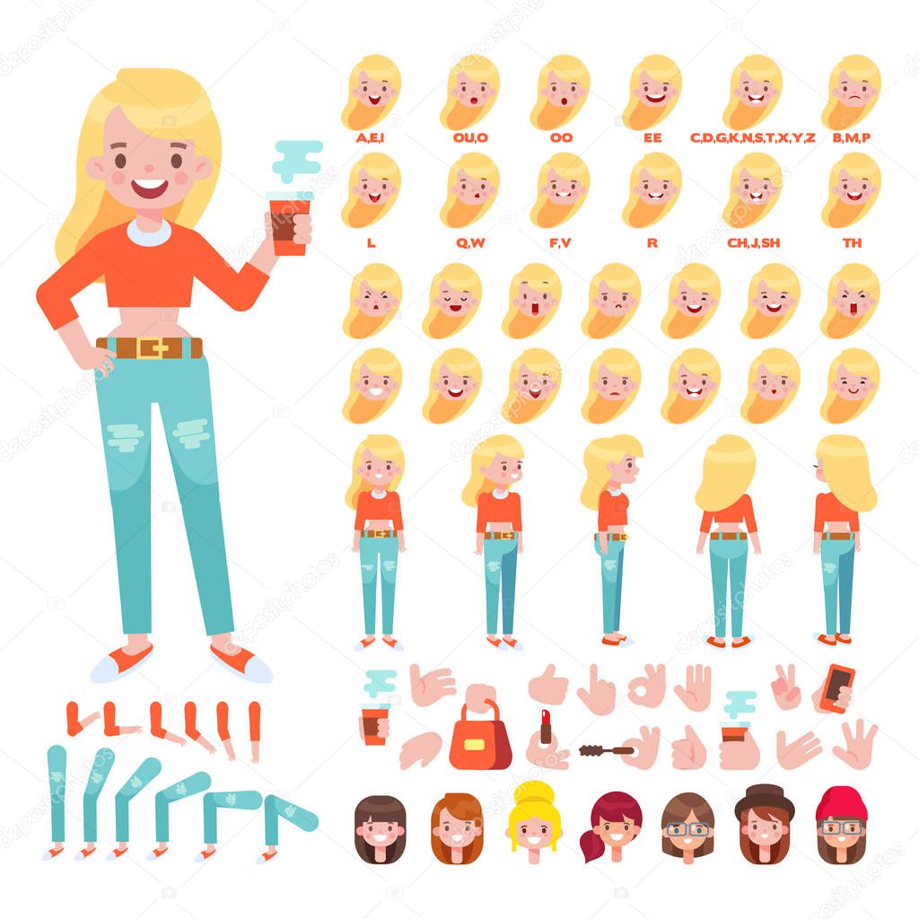 Flat Vector Hipster Girl character for your scenes. Character creation set with various views, hairstyles, face emotions, lip sync and poses. Parts of body template for design work and animation.