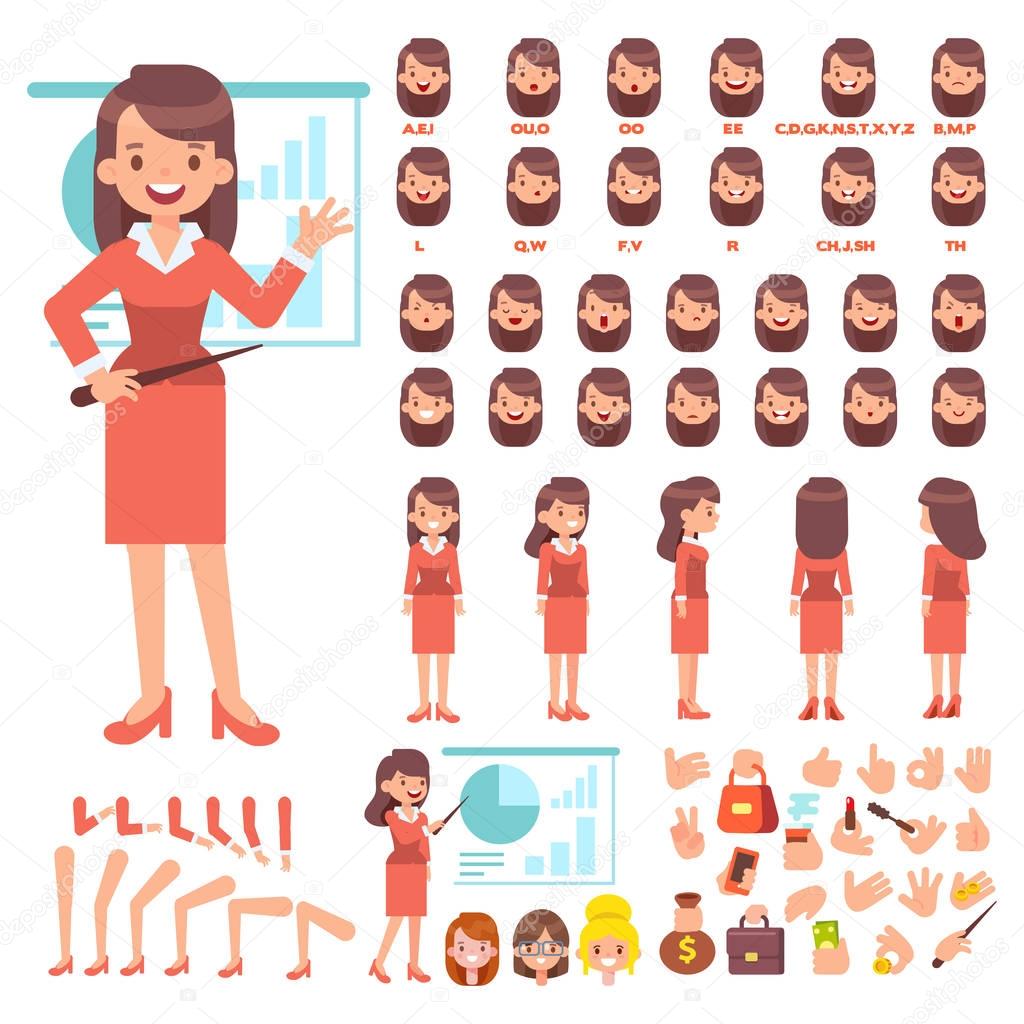 Front, side, back view animated characters. Business woman creation set with various views, face emotions, poses and gestures. Cartoon style, flat vector illustration.