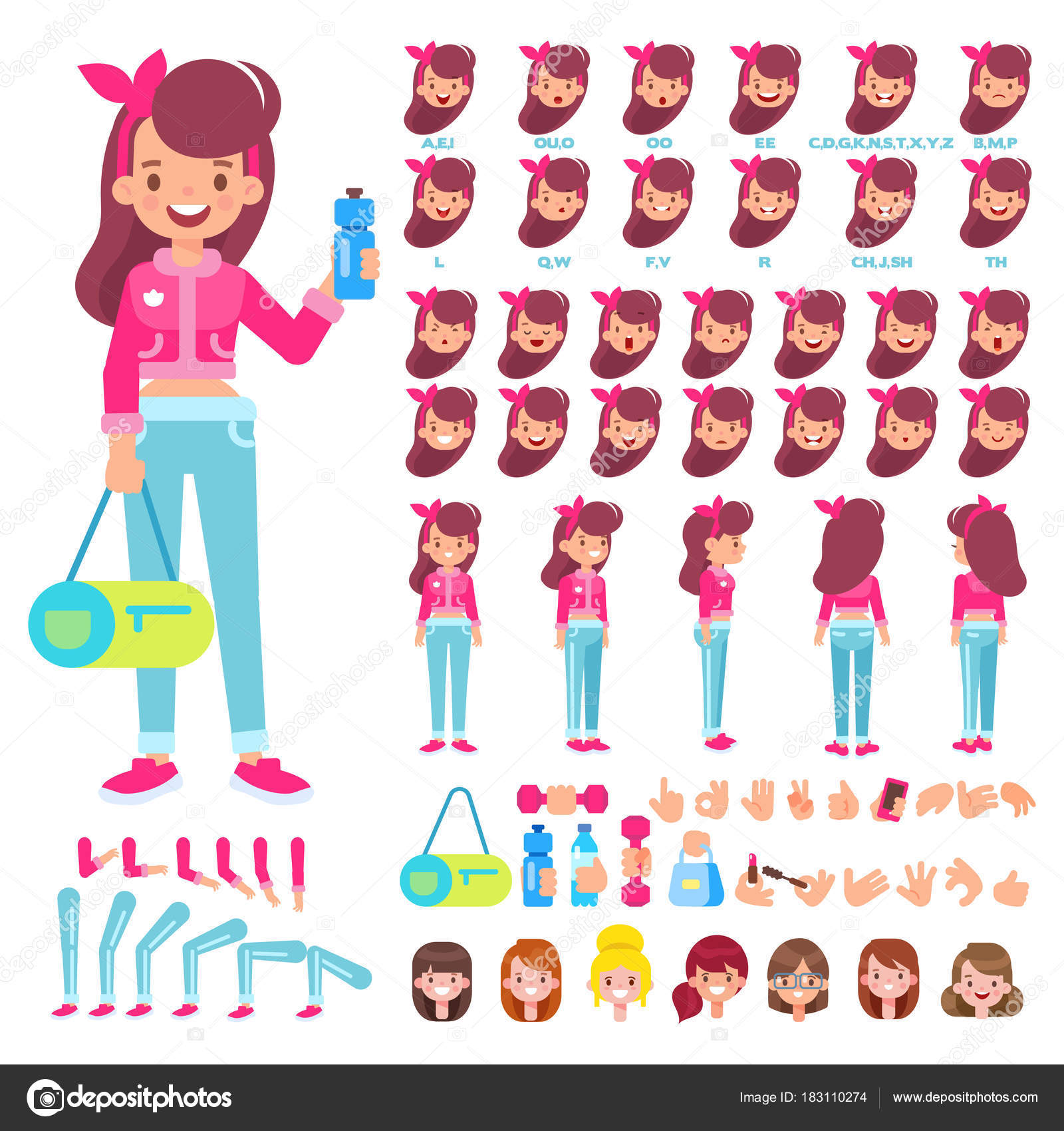 Fitness Mädchen Schöpfung set mit verschiedenen Ansichten Frisuren Gesicht Emotionen Posen und Gesten Cartoon Stil flache Vektor illustration — Vektor