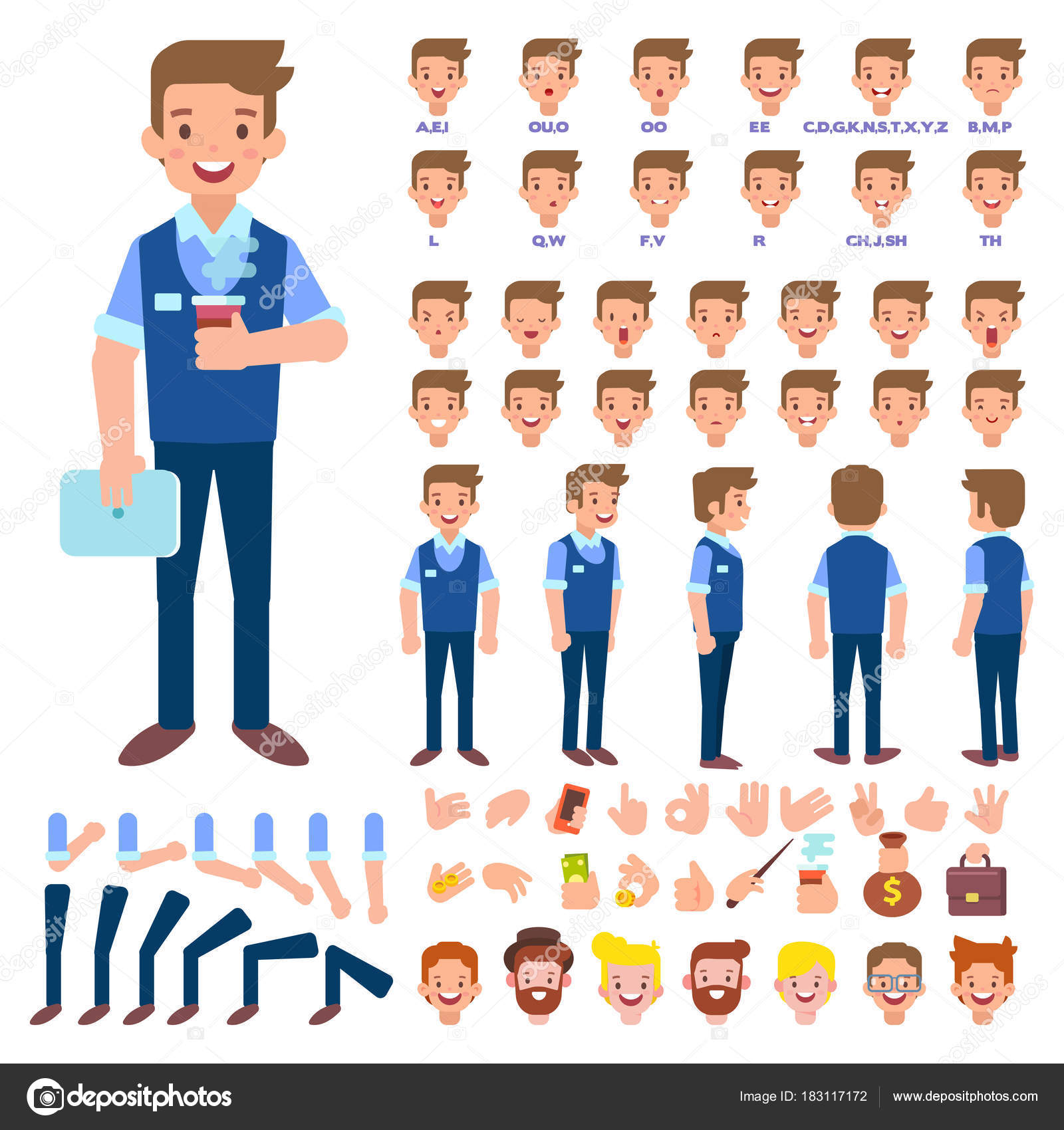 Vector Manager Character Your Scenes Character Creation Set Various Views Stock Vector Image By C Oksana L