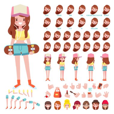 Ön, yan, arka plan animasyon karakteri. Farklı görüşleri, saç stilleri, yüz duyguları, pozları ve jestleri olan genç kız karakter yaratımı seti. Çizgi film biçimi, düz vektör çizimi.