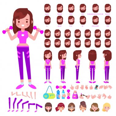 Front, side, back view animated character. Fitness girl creation set with various views, hairstyles, face emotions, poses and gestures. Cartoon style, flat vector illustration. clipart