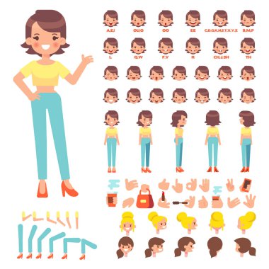 Ön, yan, arkadan görünüm animasyon karakter. Güzel genç kadın karakter oluşturma küme çeşitli sayısı, saç modelleri, yüz duygular, teşkil etmektedir. Karikatür tarzı, düz vektör çizim.