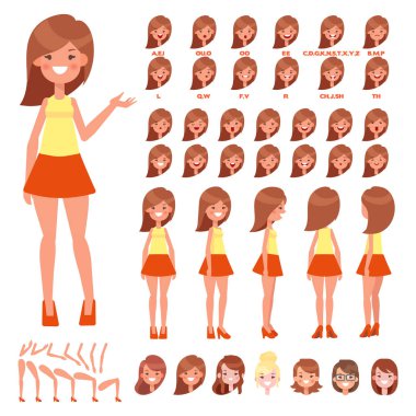 Ön, yan, arkadan görünüm animasyon karakter. Güzel genç kadın karakter oluşturma küme çeşitli sayısı, saç modelleri, yüz duygular, teşkil etmektedir. Karikatür tarzı, düz vektör çizim.