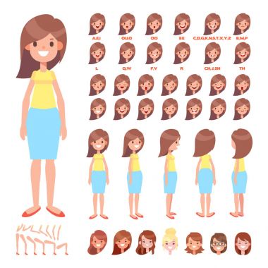 Ön, yan, arkadan görünüm animasyon karakter. Kadın karakter yaratma çeşitli görünümler, saç modelleri, yüz duygular, pozlar ve hareketleri ile ayarla. Karikatür tarzı, düz vektör çizim.