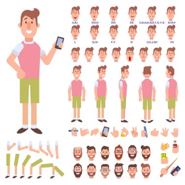 Ön, yan, arkadan görünüm animasyon karakter. Genç adam karakter yaratma çeşitli görünümler, saç modelleri, yüz duygular, pozlar ve hareketleri ile ayarla. Karikatür tarzı, düz vektör çizim.