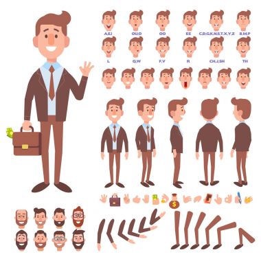 Ön, yan, arkadan görünüm animasyon karakter. Çeşitli görünümler, saç modelleri, yüz duygular, pozlar ve hareketleri ile grubu iş adam karakter oluşturma. Karikatür tarzı, düz vektör çizim.