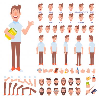 Ön, yan, arkadan görünüm animasyon karakter. Erkek öğrenci karakter yaratma çeşitli görünümler, saç modelleri, yüz duygular, pozlar ve hareketleri ile ayarla. Karikatür tarzı, düz vektör çizim.